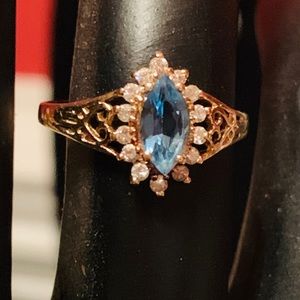 14K blue topaz & diamond ring in filigree